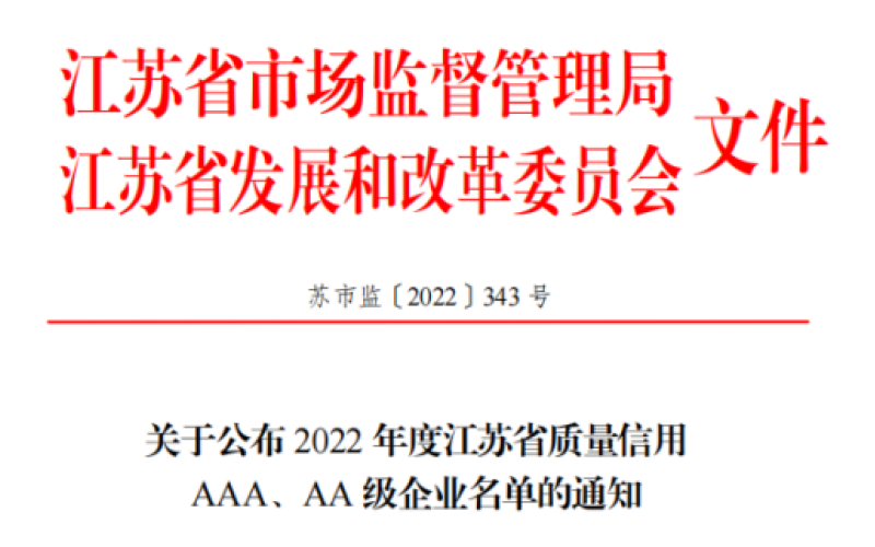 【喜報】恭喜旭派榮獲2022 年度江蘇省質量信用 AAA 級企業(yè)稱號